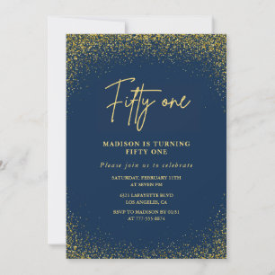 Invitation Glamour élégant Anniversaire 51 ans Navy Or Paille