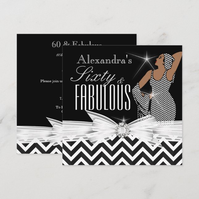 Invitation Glamour Fabulosité 60 Chevron Noir Blanc Anniversa (Devant / Derrière)