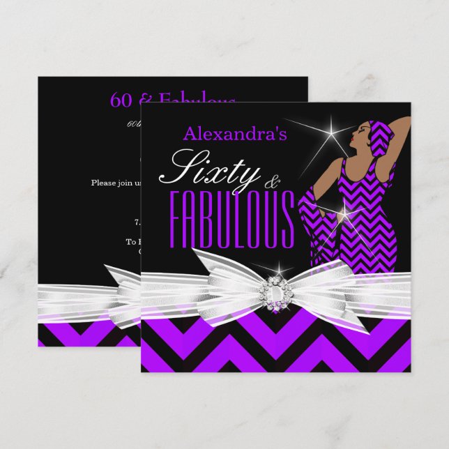 Invitation Glamour Fabulous 60 Chevron Purple Anniversaire (Devant / Derrière)