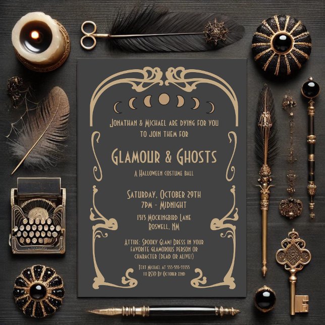 Invitation Glamour & Fantômes Art Déco Or & Noir Halloween (Créateur téléchargé)