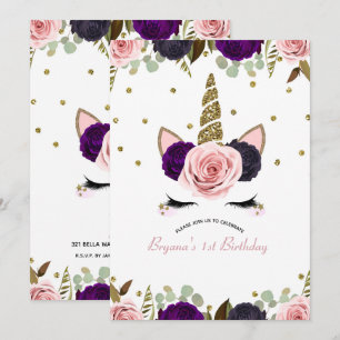 Invitation Glamour Floral Foncé Licorne Anniversaire Paillett