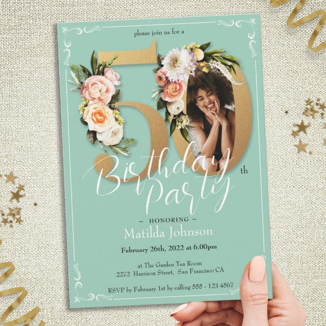 Invitation Glamour Floral Gold Photo 50e fête d'anniversaire (Glamorous Floral Gold Photo 50th Birthday Party Invitation)