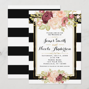 Invitation Glamour Floral Moderne Mariage Rayures Noires et B