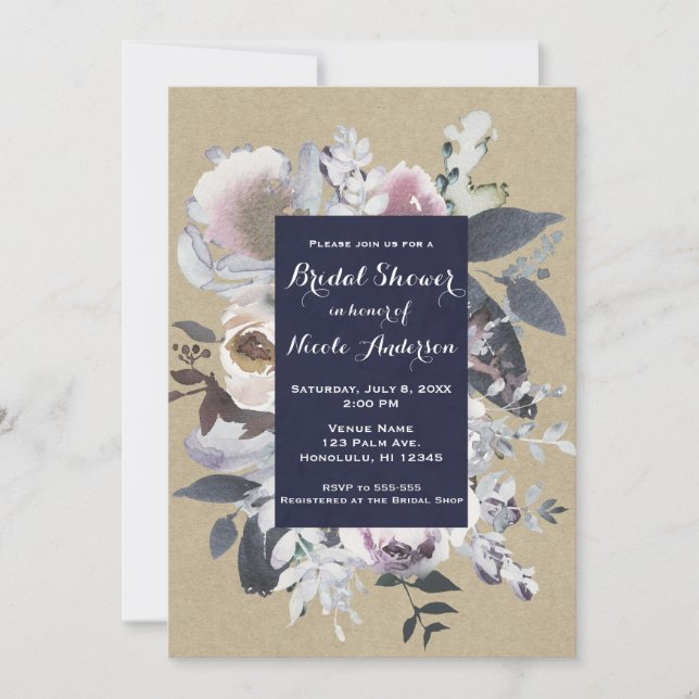 Invitation Glamour Floral Rustique Navy Kraft Mariage Chic (Devant)