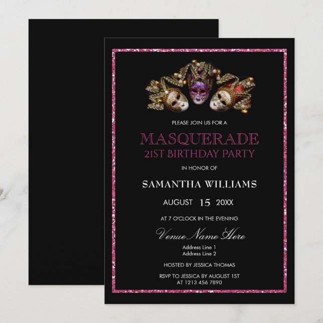 Invitation Glamour Glitters Mascarade 21e Anniversaire (Devant / Derrière)