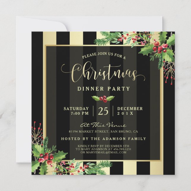 Invitation glamour Gold & Black Stripe Holiday (Devant)