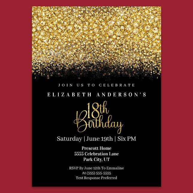 Invitation Glamour Gold Jeweled Glitter 18th Birthday (Créateur téléchargé)