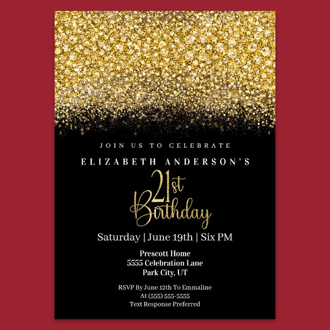Invitation Glamour Gold Jeweled Glitter 21st Birthday (Créateur téléchargé)