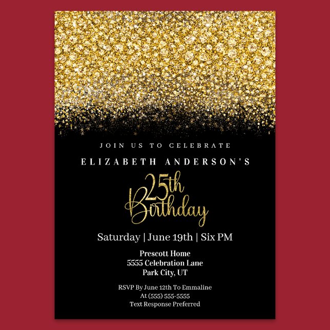 Invitation Glamour Gold Jeweled Glitter 25th Birthday (Créateur téléchargé)