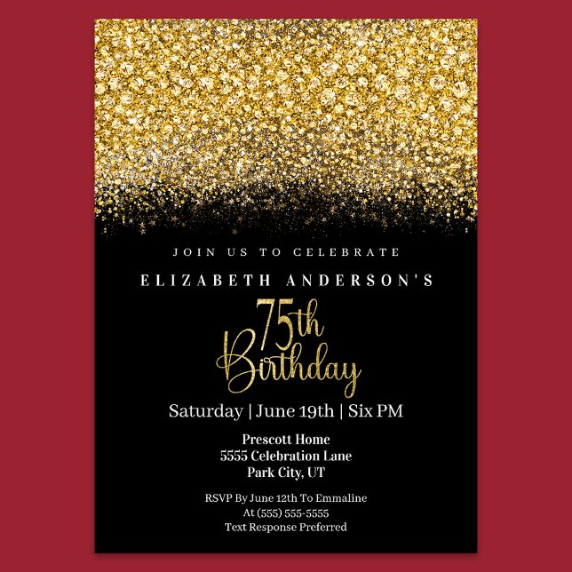 Invitation Glamour Gold Jeweled Glitter 75th Birthday (Créateur téléchargé)