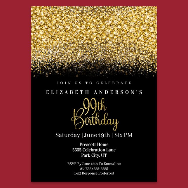 Invitation Glamour Gold Jeweled Glitter 99th Birthday (Créateur téléchargé)