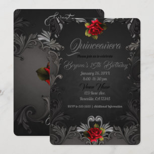 Invitation Glamour gothique Rose rouge ornemenale pour Quince