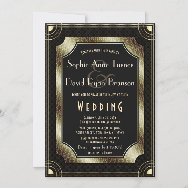 Invitation Glamour Great Gatsby Gold Black Art Déco Mariage (Devant)