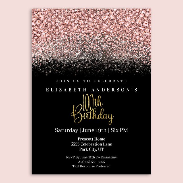 Invitation Glamour Pink Jeweled Glitter 100th Birthday (Créateur téléchargé)
