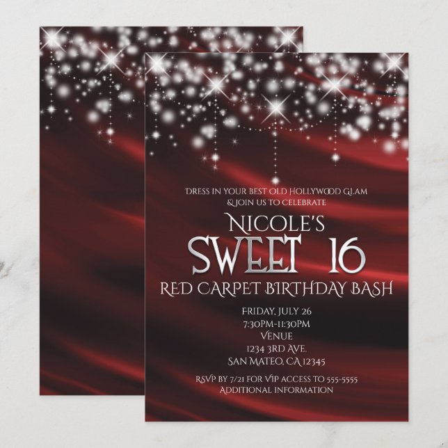 Invitation Glamour pour les 16 ans en soie rouge e (Devant / Derrière)