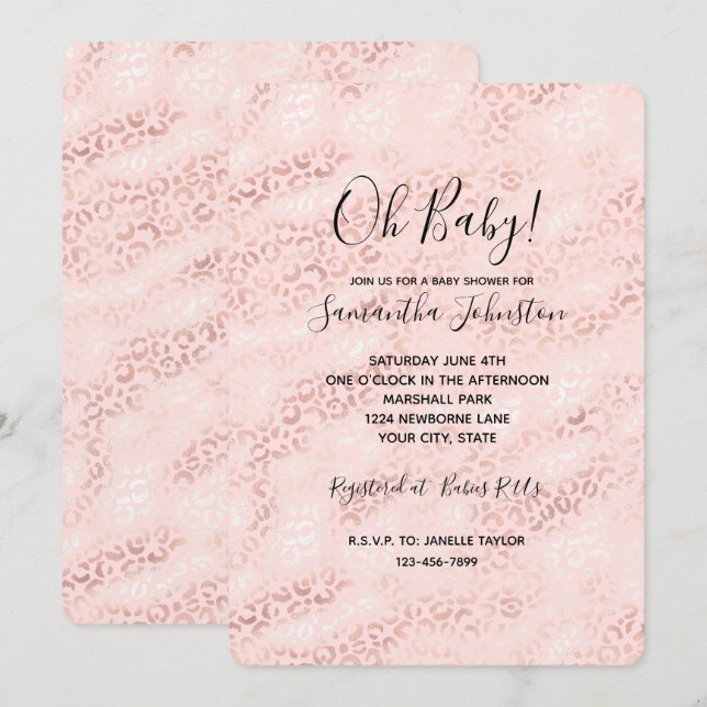 Invitation Glamour Rose Féminin Imprimé Léopard Ombre (Devant / Derrière)