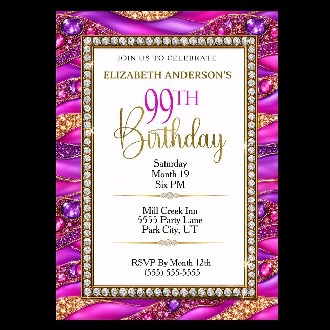 Invitation Glamour Rose Gold Bijou Strata 99e Anniversaire (Elegant pink purple and gold jeweled 99th birthday party invitation with diamond border.
)