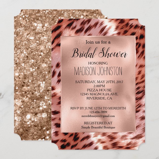 Invitation Glamour Rose Gold Léopard Mariage Fête de mariage (Devant / Derrière)