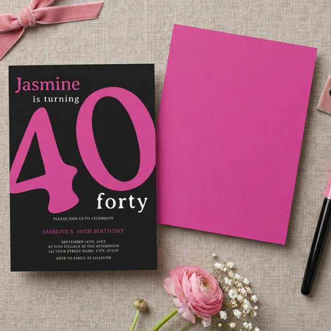 Invitation Glamour Rose Noir Chic 40 ans Anniversaire  (Créateur téléchargé)
