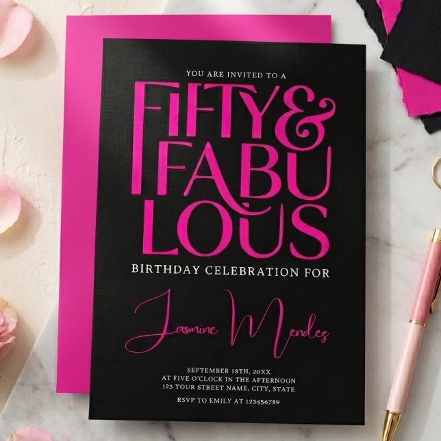 Invitation Glamour Rose Noir Chic 50 & Fabuleux Anniversaire  (Créateur téléchargé)