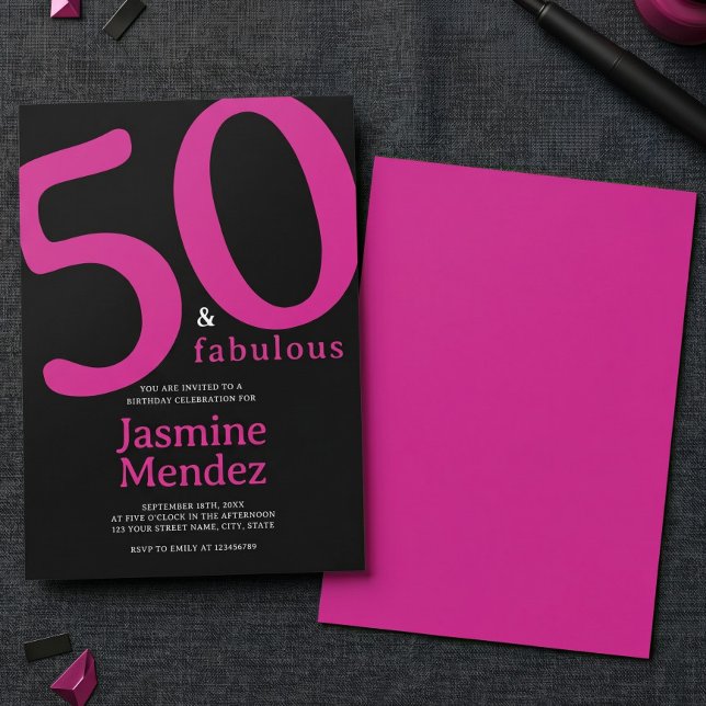 Invitation Glamour Rose Noir Chic 50 & Fabuleux Anniversaire  (Créateur téléchargé)