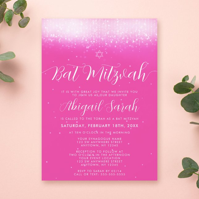 Invitation Glamour rose vif Bat Mitzvah (Créateur téléchargé)