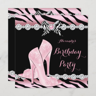 Invitation Glamour rose Zebra Haut talons fête d'anniversaire