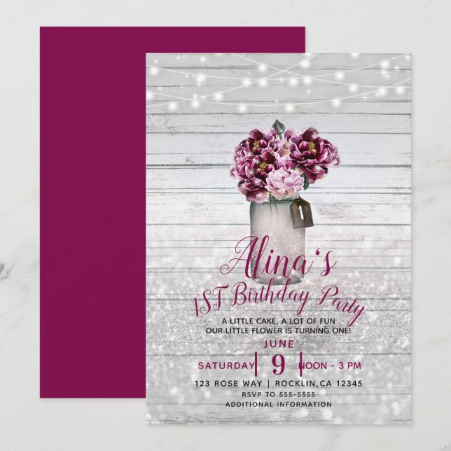 Invitation Glamour Rustique Fleurs dans un Pot en Bois pour l (Devant / Derrière)