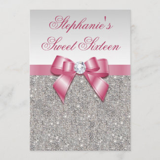 Invitation Glamour sucré 16 Faux Séquins d'argent Bow rose