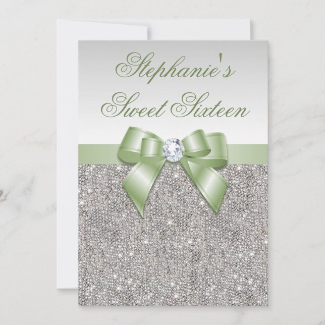 Invitation Glamour sucré 16 Faux Séquins d'argent Bow vert (Devant)