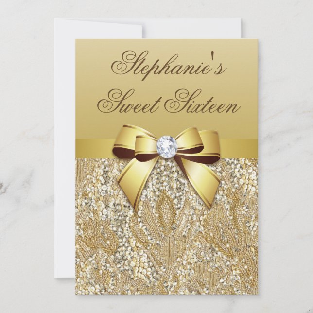 Invitation Glamour Sweet 16 Faux Gold Sequins and Bow (Devant)