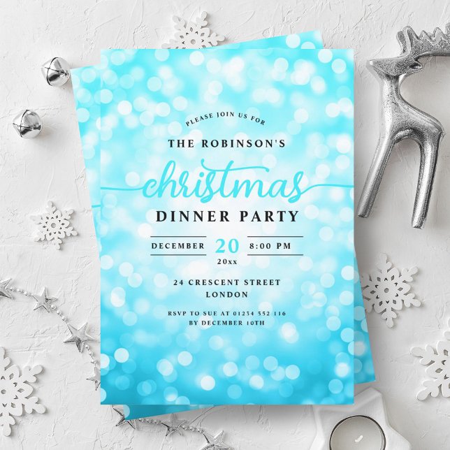 Invitation Glamour Turquoise Lights Diner de Noël (Glamorous Turquoise Lights Christmas Dinner Party Invitation)