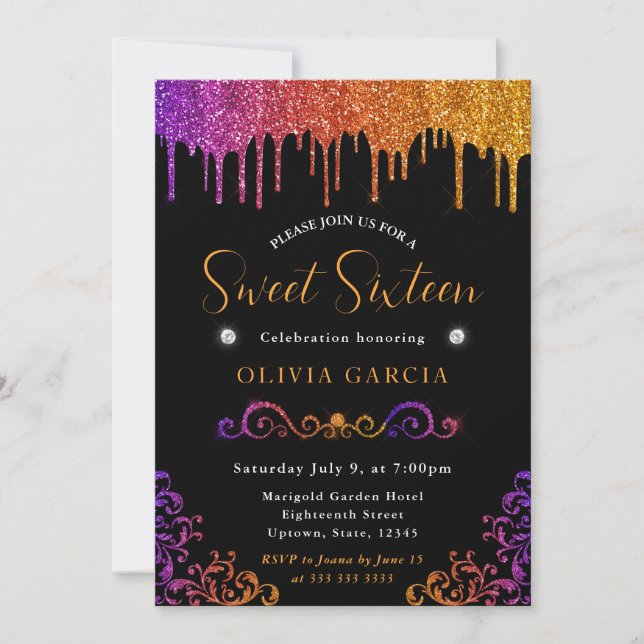 Invitation Glamour Violet et Orange Dégradé Paillettes Sweet  (Devant)