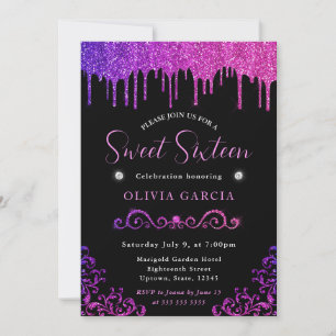 Invitation Glamour violet et rose dégradé paillettes Sweet 16
