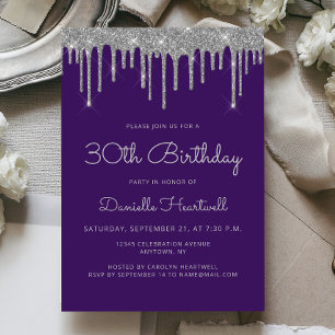 Invitation Glamour Violet Paillettes Effet Gouttes 30e Annive