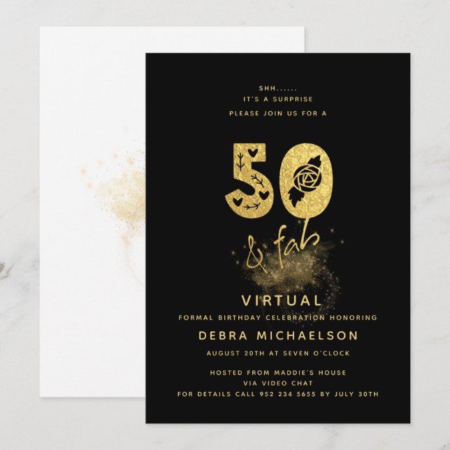 Invitation Glamourux Anniversaire Virtuel 50 Ans Noir et Or (Devant / Derrière)