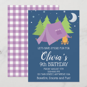 Invitation Glamping carreaux violets Anniversaire Camping Nui