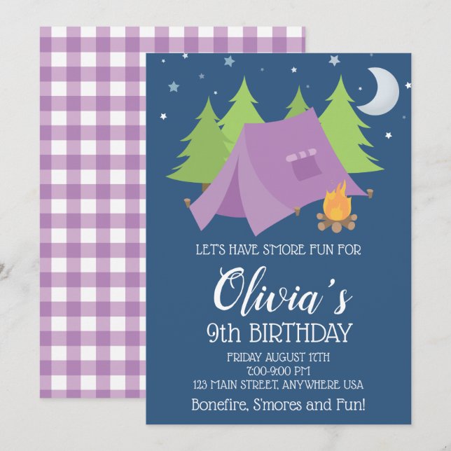 Invitation Glamping Plaid violet Camping Slepover anniversair (Devant / Derrière)
