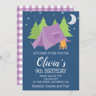 Invitation Glamping Plaid violet Camping Slepover anniversair