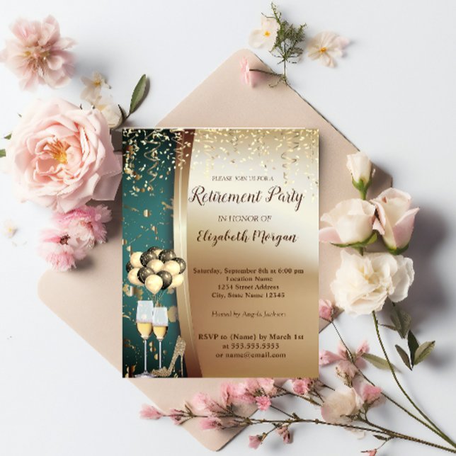 Invitation Glas à vin d'or, talons hauts, Ballons de retraite (Créateur téléchargé)