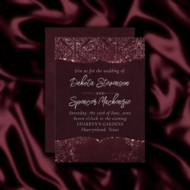 Invitation Glimmery Wine Grunge | Sangria Bordeaux Damask (Créateur téléchargé)