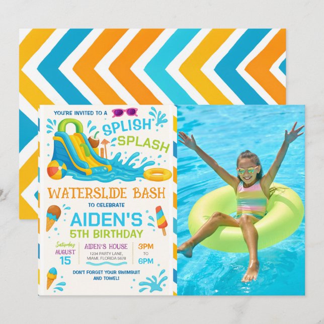 Invitation Glissade d'eau Bash Photo de glissade d'eau modifi (Devant / Derrière)