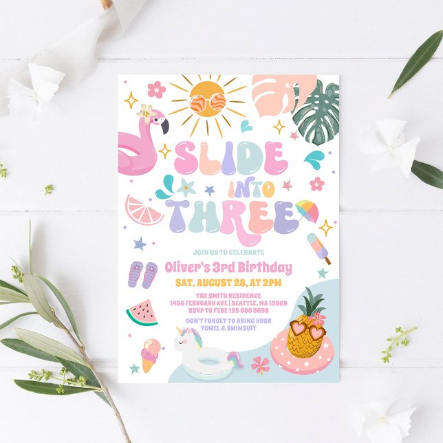 Invitation Glissez dans Trois Fête de Piscine Été 3e Annivers (Créateur téléchargé)