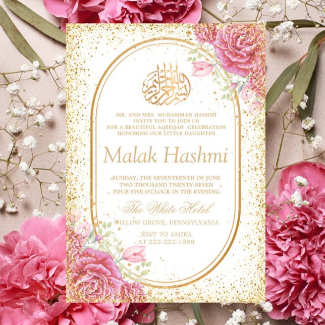 Invitation Gliter rose fleuri de luxe Aqiqa islamique Aqeeqah (Créateur téléchargé)