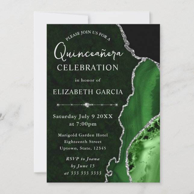 Invitation Glitter Agate Vert et Argent Quinceanera (Devant)