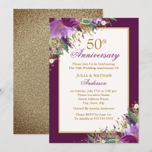 Invitation Glitter Améthyste Violet Floral 50e Anniversaire