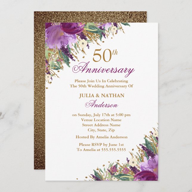Invitation Glitter Améthyste Violet Floral 50e Anniversaire (Devant / Derrière)
