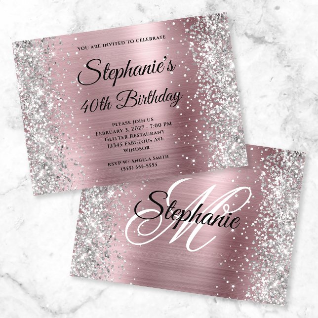 Invitation Glitter Argent Anniversaire 40 Ans Rose Clair Mono (Créateur téléchargé)
