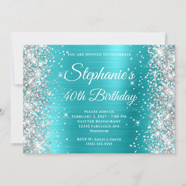 Invitation Glitter Argent Aqua Bleu Monogram 40e Anniversaire (Devant)