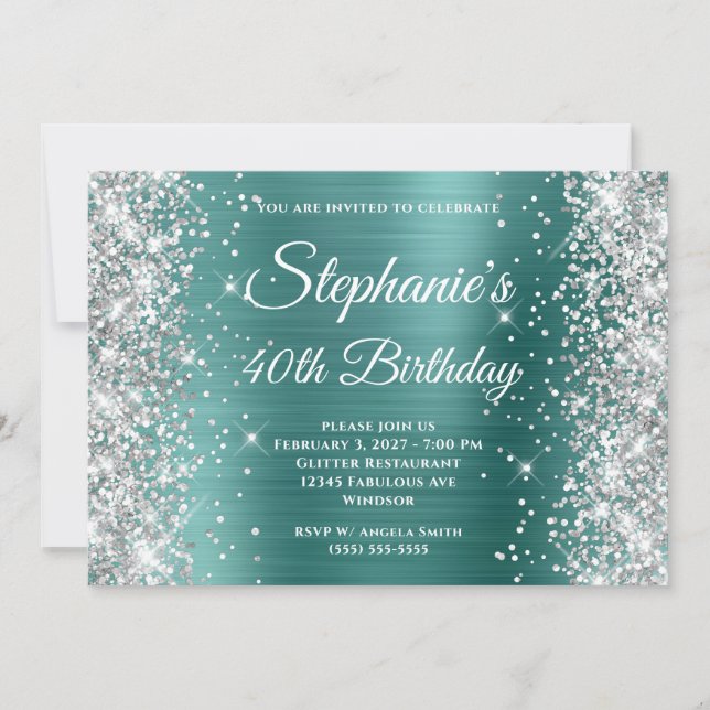 Invitation Glitter Argent Aqua Turquoise Monogram 40e Anniver (Devant)